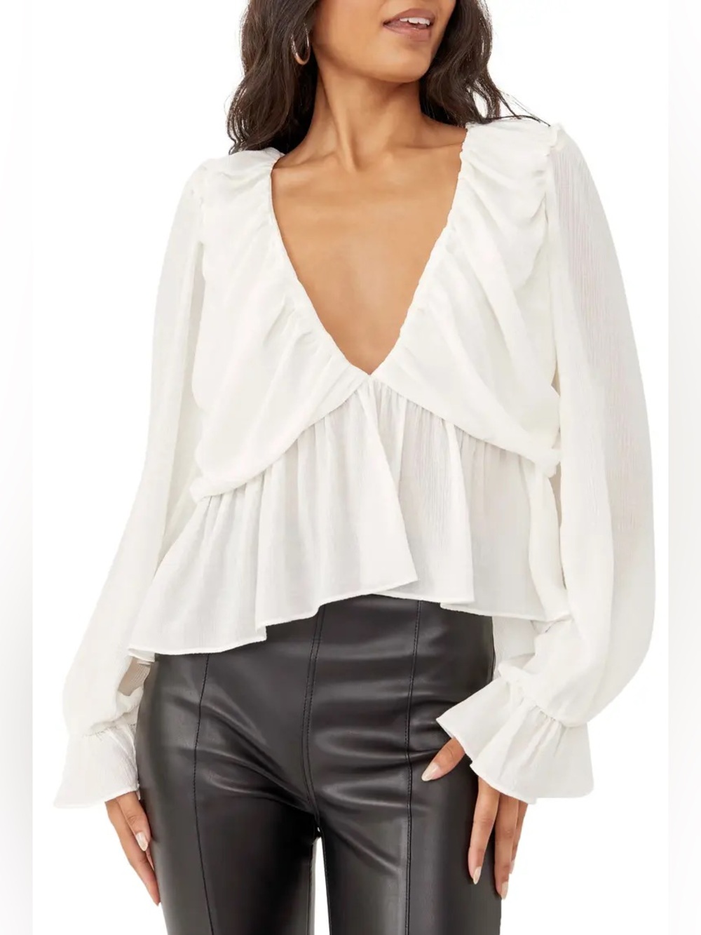 Free People White V-Neck Ruffle Blouse